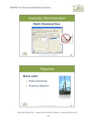 AERMOD Air Dispersion Modeling Workshop
Copyright 1996-2014 – Lakes Environmental Software - www.webLakes.com
146
© Copyright 1996-2014 – Lakes Environmental Software 388
Instructor Demonstration
Multi-Chemical Run
© Copyright 1996-2014 – Lakes Environmental Software 389
Objective
Work with:
1. Multi-Chemical
2. Practice Options
 