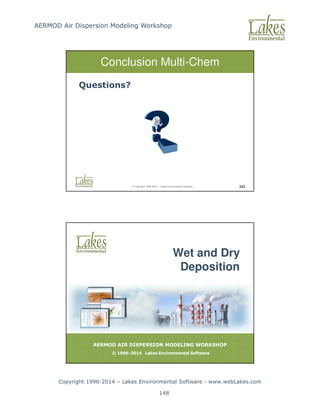 AERMOD Air Dispersion Modeling Workshop
Copyright 1996-2014 – Lakes Environmental Software - www.webLakes.com
148
© Copyright 1996-2014 – Lakes Environmental Software 393
Conclusion Multi-Chem
Questions?
AERMOD AIR DISPERSION MODELING WORKSHOP
© 1996–2014 Lakes Environmental Software
Wet and Dry
Deposition
 