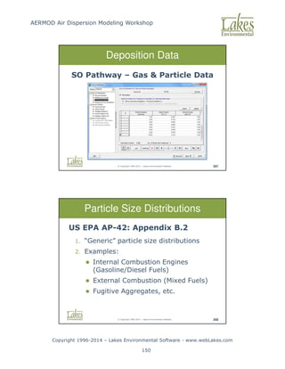 AERMOD Air Dispersion Modeling Workshop
Copyright 1996-2014 – Lakes Environmental Software - www.webLakes.com
150
© Copyright 1996-2014 – Lakes Environmental Software 397
Deposition Data
SO Pathway – Gas  Particle Data
© Copyright 1996-2014 – Lakes Environmental Software 398
Particle Size Distributions
US EPA AP-42: Appendix B.2
1. “Generic” particle size distributions
2. Examples:
 Internal Combustion Engines
(Gasoline/Diesel Fuels)
 External Combustion (Mixed Fuels)
 Fugitive Aggregates, etc.
 