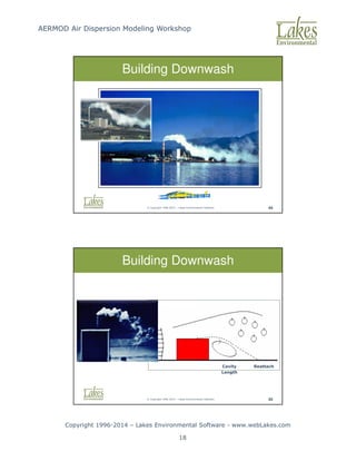 AERMOD Air Dispersion Modeling Workshop
Copyright 1996-2014 – Lakes Environmental Software - www.webLakes.com
18
© Copyright 1996-2014 – Lakes Environmental Software 44
Building Downwash
© Copyright 1996-2014 – Lakes Environmental Software 45
Building Downwash
Cavity Length
Cavity Length
Reattach
Cavity
Length
 