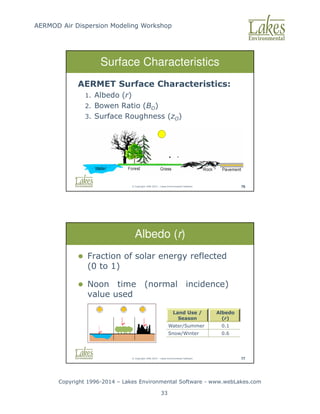 AERMOD Air Dispersion Modeling Workshop
Copyright 1996-2014 – Lakes Environmental Software - www.webLakes.com
33
© Copyright 1996-2014 – Lakes Environmental Software 76
Surface Characteristics
AERMET Surface Characteristics:
1. Albedo (r)
2. Bowen Ratio (BO)
3. Surface Roughness (zO)
© Copyright 1996-2014 – Lakes Environmental Software 77
Albedo (r)
 Fraction of solar energy reflected
(0 to 1)
 Noon time (normal incidence)
value used
Land Use /
Season
Albedo
(r)
Water/Summer 0.1
Snow/Winter 0.6
 