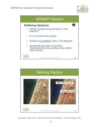 AERMOD Air Dispersion Modeling Workshop
Copyright 1996-2014 – Lakes Environmental Software - www.webLakes.com
35
© Copyright 1996-2014 – Lakes Environmental Software 80
AERMET Sectors
Defining Sectors:
1. Define sectors around site or met
station?
2. 0.1 to 5 km from origin
3. Sectors no smaller than a 30 degrees
4. Weighted average of surface
characteristics by surface area within
each sector
© Copyright 1996-2014 – Lakes Environmental Software 81
Defining Sectors
Desert = Sector 7-210 deg
Water = Sector 210-7 deg
Water = Sector 210-7 deg
 