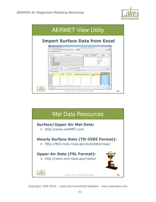 AERMOD Air Dispersion Modeling Workshop
Copyright 1996-2014 – Lakes Environmental Software - www.webLakes.com
42
© Copyright 1996-2014 – Lakes Environmental Software 101
AERMET View Utility
Import Surface Data from Excel
© Copyright 1996-2014 – Lakes Environmental Software 102
Met Data Resources
Surface/Upper Air Met Data:
 http://www.webMET.com
Hourly Surface Data (TD-3505 Format):
 http://ftp3.ncdc.noaa.gov/pub/data/noaa/
Upper Air Data (FSL Format):
 http://www.esrl.noaa.gov/raobs/
 