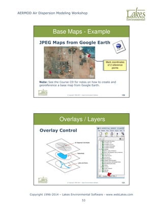 AERMOD Air Dispersion Modeling Workshop
Copyright 1996-2014 – Lakes Environmental Software - www.webLakes.com
53
© Copyright 1996-2014 – Lakes Environmental Software 130
Base Maps - Example
JPEG Maps from Google Earth
Note: See the Course CD for notes on how to create and
georeference a base map from Google Earth.
Mark coordinates
of 2 reference
points
© Copyright 1996-2014 – Lakes Environmental Software 131
Overlays / Layers
Overlay Control
 