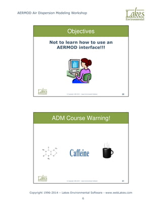 AERMOD Air Dispersion Modeling Workshop
Copyright 1996-2014 – Lakes Environmental Software - www.webLakes.com
6
© Copyright 1996-2014 – Lakes Environmental Software 20
Objectives
Not to learn how to use an
AERMOD interface!!!
© Copyright 1996-2014 – Lakes Environmental Software 21
ADM Course Warning!
 