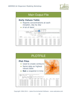 AERMOD Air Dispersion Modeling Workshop
Copyright 1996-2014 – Lakes Environmental Software - www.webLakes.com
64
© Copyright 1996-2014 – Lakes Environmental Software 154
Main Output File
Daily Values Table
 Reports concentrations at each
receptor, day by day
 A lot of data!
© Copyright 1996-2014 – Lakes Environmental Software 155
PLOTFILE
Plot Files
 Used to create contours
 Same data as highest
values table
 Not a snapshot in time
 
