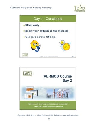 AERMOD Air Dispersion Modeling Workshop
Copyright 1996-2014 – Lakes Environmental Software - www.webLakes.com
88
© Copyright 1996-2014 – Lakes Environmental Software 205
Day 1 - Concluded
 Sleep early
 Boost your caffeine in the morning
 Get here before 9:00 am
AERMOD AIR DISPERSION MODELING WORKSHOP
© 1996–2014 Lakes Environmental Software
AERMOD Course
Day 2
 