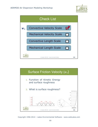AERMOD Air Dispersion Modeling Workshop
Copyright 1996-2014 – Lakes Environmental Software - www.webLakes.com
99
© Copyright 1996-2014 – Lakes Environmental Software 234
Check List
Mechanical Velocity Scale
Convective Velocity Scale
Convective Length Scale
Mechanical Length Scale
w*
© Copyright 1996-2014 – Lakes Environmental Software 235
Surface Friction Velocity (u*)
1. Function of Kinetic Energy
and surface roughness
2. What is surface roughness?
 
