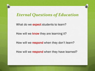 Eternal Questions of Education

What do we expect students to learn?

How will we know they are learning it?

How will we respond when they don‟t learn?

How will we respond when they have learned?
 