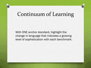Continuum of Learning


With ONE anchor standard, highlight the
change in language that indicates a growing
level of sophistication with each benchmark.
 