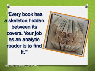“Every book has
a skeleton hidden
   between its
 covers. Your job
  as an analytic
 reader is to find
       it.”

Adler and Van Doren, 1940/1972
 