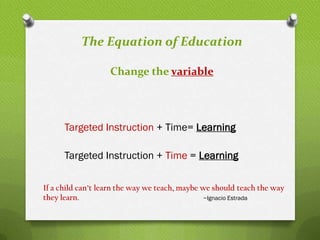 The Equation of Education

                   Change the variable




      Targeted Instruction + Time= Learning

      Targeted Instruction + Time = Learning

If a child can’t learn the way we teach, maybe we should teach the way
they learn.                                     ~Ignacio Estrada
 