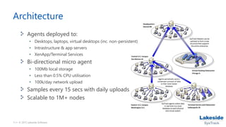 11 • © 2015 Lakeside Software
Architecture
Agents deployed to:
• Desktops, laptops, virtual desktops (inc. non-persistent)
• Intrastructure & app servers
• XenApp/Terminal Services
Bi-directional micro agent
• 100Mb local storage
• Less than 0.5% CPU utilisation
• 100k/day network upload
Samples every 15 secs with daily uploads
Scalable to 1M+ nodes
 