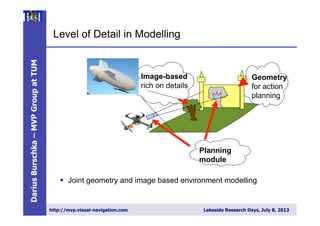 DariusBurschka–MVPGroupatTUM
http://mvp.visual-navigation.com Lakeside Research Days, July 8, 2013
Level of Detail in Modelling
Geometry
for action
planning
Image-based
rich on details
Planning
module
§  Joint geometry and image based environment modelling
 