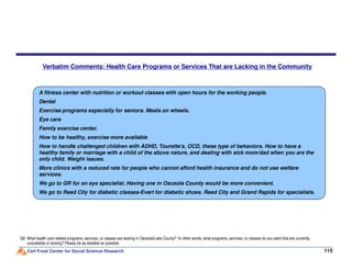 A fitness center with nutrition or workout classes with open hours for the working people.
Dental
Exercise programs especially for seniors. Meals on wheels.
Eye care
Family exercise center.
How to be healthy, exercise more available
Verbatim Comments: Health Care Programs or Services That are Lacking in the Community
Carl Frost Center for Social Science Research 110
How to be healthy, exercise more available
How to handle challenged children with ADHD, Tourette's, OCD, these type of behaviors. How to have a
healthy family or marriage with a child of the above nature, and dealing with sick mom/dad when you are the
only child. Weight issues.
More clinics with a reduced rate for people who cannot afford health insurance and do not use welfare
services.
We go to GR for an eye specialist. Having one in Osceola County would be more convenient.
We go to Reed City for diabetic classes-Evart for diabetic shoes. Reed City and Grand Rapids for specialists.
Q8: What health care related programs, services, or classes are lacking in Osceola/Lake County? In other words, what programs, services, or classes do you want that are currently
unavailable or lacking? Please be as detailed as possible.
 