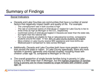 Summary of Findings
Social Indicators
Osceola and Lake Counties are communities that have a number of social
factors that negatively impact health and quality of life. For example:
The unemployment rate in both counties is high
The rate of confirmed victims of child abuse or neglect for Lake County is two to
three times as high as Michigan or the U.S., respectively
Confirmed victims of child abuse/neglect in Osceola are lower than the state rate,
but higher than the national rate
Far more students are eligible for free or reduced price lunches, compared to
students around the state. In fact, 90% of Lake County students are eligible
Carl Frost Center for Social Science Research 125125
Far more students are eligible for free or reduced price lunches, compared to
students around the state. In fact, 90% of Lake County students are eligible
More children in Lake County receive WIC assistance and more births are
Medicaid paid in comparison to rates across Michigan
Additionally, Osceola and Lake Counties both have more people in poverty
than across the state or nation. In Lake County specifically, there are more
families in poverty (generally and married couples) including those with
children under age 18, compared to Michigan or the U.S.
The overall proportion of single female families living in poverty in Lake
County is a little lower than in Michigan, but the highest proportion of families
living in poverty are for those headed by single females with children under
age 18.
 
