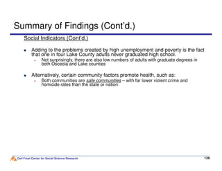 Summary of Findings (Cont’d.)
Social Indicators (Cont’d.)
Adding to the problems created by high unemployment and poverty is the fact
that one in four Lake County adults never graduated high school.
Not surprisingly, there are also low numbers of adults with graduate degrees in
both Osceola and Lake counties
Alternatively, certain community factors promote health, such as:
Both communities are safe communities – with far lower violent crime and
homicide rates than the state or nation
Carl Frost Center for Social Science Research 126126
homicide rates than the state or nation
 