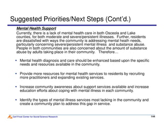 Mental Health Support
Currently, there is a lack of mental health care in both Osceola and Lake
counties, for both moderate and severe/persistent illnesses. Further, residents
are dissatisfied with ways the community is addressing mental heath needs,
particularly concerning severe/persistent mental illness and substance abuse.
People in both communities are also concerned about the amount of substance
abuse by adults taking place in their community. Therefore…
Suggested Priorities/Next Steps (Cont’d.)
Mental health diagnosis and care should be enhanced based upon the specific
needs and resources available in the community.
Carl Frost Center for Social Science Research 144144
needs and resources available in the community.
Provide more resources for mental health services to residents by recruiting
more practitioners and expanding existing services.
Increase community awareness about support services available and increase
education efforts about coping with mental illness in each community.
Identify the types of mental illness services most lacking in the community and
create a community plan to address this gap in service.
 