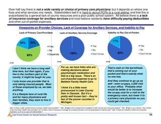 Over half say there is not a wide variety or choice of primary care physicians, but it depends on where one
lives and what services one needs. Stakeholders feel it is hard to recruit PCPs to a rural setting, and that this is
exacerbated by a general lack of county resources and a poor public school system. All believe there is a lack
of insurance coverage for ancillary services and most believe residents have difficulty paying deductibles
and other out-of-pocket expenses.
100%
Lack of Ancillary Service Coverage
Yes
No
Don't know
Viewpoints on Provider Choices, Lack of Coverage for Ancillary Services, and Inability to Pay
(n=5)
83%
17%
Inability to Pay Out-of-Pocket
Yes
No
Don't know
(n=6)(n=6)
Carl Frost Center for Social Science Research 59
Q5a. Is there a wide variety/choice of primary health care providers? Q5b. (If yes) Is this variety/choice available to both insured and uninsured people? Q5c. (If no) In your opinion, why is there
a lack of primary health care providers? 5d. Is there a lack of insurance coverage for ancillary services, such as prescriptions or dental care? Q5e. Is there an inability to afford out-of-pocket
expenses, such as co-pays and deductibles?
I don’t think we have a long wait
time here, but then again, if you
live in the northern part of the
county, it might be tough for you.
I only know one provider that is
only taking insured people. Most
of those employed by us, we take
anything.
It’s a lifestyle here of rural life
and for many physicians and
their families, they want to live in
bigger cities.
For us, we have folks who are
making decisions about
psychotropic medication and
that is a big issue. There’s an
out-of-pocket expense to go to
Baldwin Family Health Care.
I think it’s a little more
pronounced in Lake County
than in Osceola. But it’s a
pretty well known fact – they’re
two of the poorer counties in
Michigan.
That’s cash on the barrelhead,
that’s coming out of your
pocket and that’s exactly what
no one has.
And they continue to go up as
well - even co-pays, a $30 visit
to your office. Probably what
would be better is to increase
the co-pay cost for a visit to the
emergency room, but lower it to
a primary care physician so you
could get checked.
(n=5)
(n=6)(n=6)
 