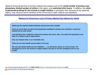 Reasons for Perceiving a Lack of Primary Medical Care Options for Adults
Adults get the required medical attention and services when needed.
As far as I know there are about three physicians available for primary care; therefore, I would not
classify that as wide variety.
I am told there aren’t weekend or after hour primary care hours. Also, I am under the impression it can
take 2 to 3 weeks to get an appointment.
Adults find several barriers to primary medical care access such as the small number of primary care
physicians, limited number of clinics in the region, and restricted clinic hours. In addition, the clinic
is perceived as being for low income or single mothers, a perception that, because of any attached
stigma, may influence some members of the community to seek medical care elsewhere.
Carl Frost Center for Social Science Research 83
Q4a: (If Strongly Disagree/Disagree/Neutral) Why do you [INSERT RATING] that there is a wide variety and choice of primary care for adults?
Only one medical clinic in our immediate area.
There are not many health care providers in the area.
We only have family health service in Baldwin........no real doctor clinics on a known basis. The
perception is it is for low income or single mothers. We have no 24 hour emergency room in our
county.
 