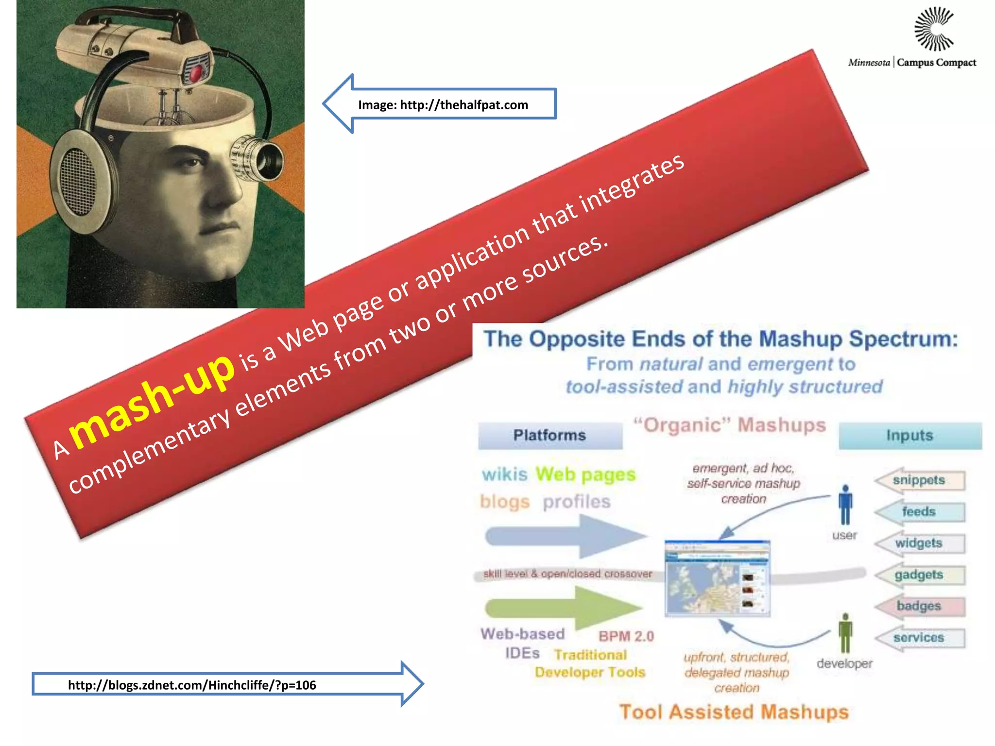 Image: http://thehalfpat.comA mash-up is a Web page or application that integrates complementary elements from two or more sources.http://blogs.zdnet.com/Hinchcliffe/?p=106