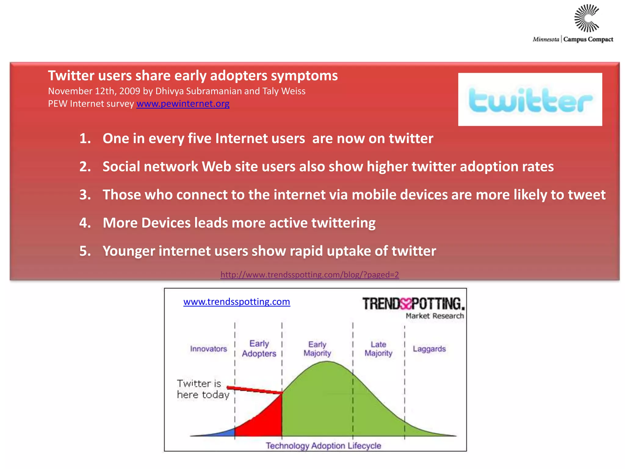 Twitter users share early adopters symptomsNovember 12th, 2009 by Dhivya Subramanian and Taly WeissPEW Internet survey www.pewinternet.orgOne in every five Internet users  are now on twitterSocial network Web site users also show higher twitter adoption ratesThose who connect to the internet via mobile devices are more likely to tweetMore Devices leads more active twitteringYounger internet users show rapid uptake of twitterhttp://www.trendsspotting.com/blog/?paged=2www.trendsspotting.com
