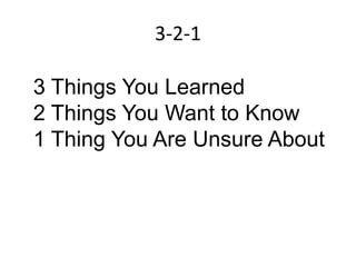 3-2-1

3 Things You Learned
2 Things You Want to Know
1 Thing You Are Unsure About
 