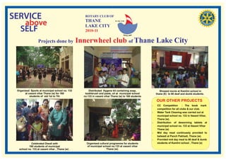 SERVICE                     ROTARY CLUB OF

   above                    THANE
                            LAKE CITY
                                             RI. Dist. 3140




  SELF                      2010-11

      Projects done by   Innerwheel club of Thane Lake City
 