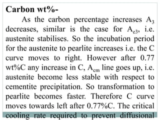 Carbon wt%-
As the carbon percentage increases A3
decreases, similar is the case for Ae3, i.e.
austenite stabilises. So the incubation period
for the austenite to pearlite increases i.e. the C
curve moves to right. However after 0.77
wt%C any increase in C, Acm line goes up, i.e.
austenite become less stable with respect to
cementite precipitation. So transformation to
pearlite becomes faster. Therefore C curve
moves towards left after 0.77%C. The critical
cooling rate required to prevent diffusional
 