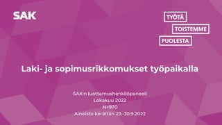 Laki- ja sopimusrikkomukset työpaikalla
SAK:n luottamushenkilöpaneeli
Lokakuu 2022
N=970
Aineisto kerättiin 23.-30.9.2022
 