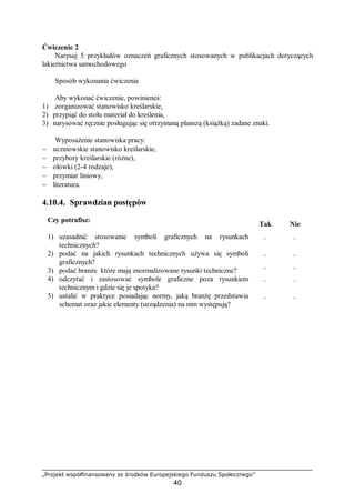 „Projekt współfinansowany ze środków Europejskiego Funduszu Społecznego”
40
Ćwiczenie 2
Narysuj 5 przykładów oznaczeń graficznych stosowanych w publikacjach dotyczących
lakiernictwa samochodowego
Sposób wykonania ćwiczenia
Aby wykonać ćwiczenie, powinieneś:
1) zorganizować stanowisko kreślarskie,
2) przypiąć do stołu materiał do kreślenia,
3) narysować ręcznie posługując się otrzymaną planszą (książką) zadane znaki.
Wyposażenie stanowiska pracy:
− uczniowskie stanowisko kreślarskie,
− przybory kreślarskie (różne),
− ołówki (2-4 rodzaje),
− przymiar liniowy,
− literatura.
4.10.4. Sprawdzian postępów
Czy potrafisz:
Tak Nie
1) uzasadnić stosowanie symboli graficznych na rysunkach
technicznych?
¨ ¨
2) podać na jakich rysunkach technicznych używa się symboli
graficznych?
¨ ¨
3) podać branże które mają znormalizowane rysunki techniczne? ¨ ¨
4) odczytać i zastosować symbole graficzne poza rysunkiem
technicznym i gdzie się je spotyka?
¨ ¨
5) ustalić w praktyce posiadając normy, jaką branżę przedstawia
schemat oraz jakie elementy (urządzenia) na nim występują?
¨ ¨
 