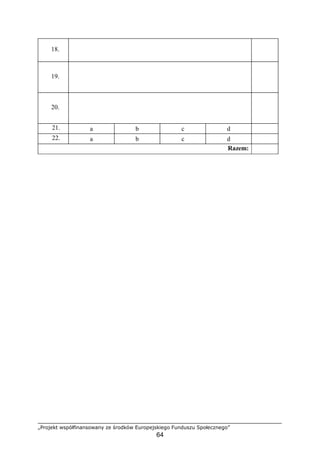 „Projekt współfinansowany ze środków Europejskiego Funduszu Społecznego”
64
18.
19.
20.
21. a b c d
22. a b c d
Razem:
 