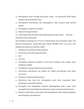 16
10. Meningkatkan peran lembaga pemerintah, media, non pemerintah NGO) dalam
kegiatan mengurangi faktor risiko.
11. Meningkatkan ketersediaan, dan keterjangkauan obat, terutama obat esensiall
generik.
12. Peningkatan manajemen kesehatan
13. Registrasi tenaga kesehatan
14. Pengumpulan data Kesehatan dan pengembangan jaringan Sistem Informasi
Kesehatan berbasis tekhnologi
Arah kebijakan pembangunan di Provinsi Sulawesi Barat yang merupakan bagian dari
Rencana Pembangunan Jangka Menengah Daerah (RPJMD) tahun 2012-2016. Arah
kebijakan pembangunan kesehatan adalah :
1. Pendidikan dan pelatihan tenaga kesehatan
2. Pemenuhan sarana dan tenaga kesehatan
3. P4K
4. Imunisasi
5. Peningkatan pelayanan persalinan normal dan komplikasi dasar dengan peran
PONED dan PONEK
6. Peningkatan kunjungan balita ke sarana kesehatan
7. Pemantauan pertumbuhan dan deteksi dini melalui penimbangan berat badan
secara rutin
8. Pemberian makanan pendamping ASI
9. Mendorong kerja sama dan meningkatkan peran serta masyarakat dalam
pembangunan wawasan kesehatan
10. Pencegahan dan pengendalian penyakit diselenggarakan dalam upaya untuk
pencegahan dan pengendalian penyakit yang sinergis, komprehensif dan bermutu
11. Menjamin ketersediaan, pemerataan dan keterjangkauan obat melalui peningkatan
akses obat bagi masyarakat luas
 