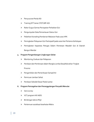 20
 Penyusunan Perda ASI
 Training Of Trainer (TOT) MP-ASI
 Rakor Gugus Gemas Percepatan Perbaikan Gizi
 Pengumpulan Data Pemantauan Status Gizi
 Pelatihan Konseling Pemberian Makanan Pada 1000 HPK
 Peningkatan Pelayanan Gizi Partisipatif pada 1000 Hari Pertama Kehidupan
 Peningkatan Kapasitas Petugas Dalam Pemetaan Masalah Gizi di Daerah
Bangun Mandar
5. Program Pengembangan Lingkungan Sehat
 Monitoring, Evaluasi dan Pelaporan
 Penilaian dan Pembinaan dalam Rangka Lomba Desa/Kelurahan Tingkat
Provinsi
 Pengambilan dan Pemeriksaan Sampel Air
 Pemicuan Jamban Sehat
 Penilaian Sekolah Dasar Peduli santai
6. Program Pencegahan dan Penanggulangan Penyakit Menular
 Sero survey
 VCT program HIV AIDS
 Bimbingan teknis PD3I
 Pertemuan sosialisasi kesehatan Matra
 