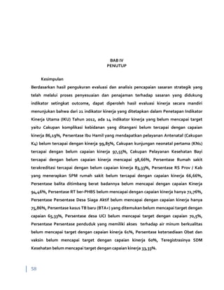 58
BAB IV
PENUTUP
Kesimpulan
Berdasarkan hasil pengukuran evaluasi dan analisis pencapaian sasaran strategik yang
telah melalui proses penyesuaian dan penajaman terhadap sasaran yang didukung
indikator setingkat outcome, dapat diperoleh hasil evaluasi kinerja secara mandiri
menunjukan bahwa dari 21 indikator kinerja yang ditetapkan dalam Penetapan Indikator
Kinerja Utama (IKU) Tahun 2012, ada 14 indikator kinerja yang belum mencapai target
yaitu Cakupan komplikasi kebidanan yang ditangani belum tercapai dengan capaian
kinerja 86,19%, Persentase Ibu Hamil yang mendapatkan pelayanan Antenatal (Cakupan
K4) belum tercapai dengan kinerja 99,85%, Cakupan kunjungan neonatal pertama (KN1)
tercapai dengan belum capaian kinerja 97,55%, Cakupan Pelayanan Kesehatan Bayi
tercapai dengan belum capaian kinerja mencapai 98,66%, Persentase Rumah sakit
terakreditasi tercapai dengan belum capaian kinerja 83,33%, Persentase RS Prov / Kab
yang menerapkan SPM rumah sakit belum tercapai dengan capaian kinerja 66,66%,
Persentase balita ditimbang berat badannya belum mencapai dengan capaian Kinerja
94,46%, Persentase RT ber-PHBS belum mencapai dengan capaian kinerja hanya 72,76%,
Persentase Persentase Desa Siaga Aktif belum mencapai dengan capaian kinerja hanya
75,86%, Persentase kasus TB baru (BTA+) yang ditemukan belum mencapai target dengan
capaian 65,33%, Persentase desa UCI belum mencapai target dengan capaian 70,5%,
Persentase Persentase penduduk yang memiliki akses terhadap air minum berkualitas
belum mencapai target dengan capaian kinerja 61%, Persentase ketersediaan Obat dan
vaksin belum mencapai target dengan capaian kinerja 60%, Teregistrasinya SDM
Kesehatan belum mencapai target dengan capaian kinerja 33,33%.
 