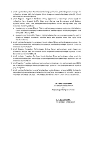 1. Untuk kegiatan Penyediaan Peralatan dan Perlengkapan Kantor, perbandingan antara target dan
realisasinya tercapai 100%. Hal ini dapat dilihat dengan membandingkan target sejumlah 133 unit
dan terealisasi sejumlah 133 unit.
2. Untuk Kegiatan Pegadaan Kendaraan Dinas/ Operasional perbandingan antara target dan
realisasinya hanya tercapai 50,85%. Dalam target, barang yang direncanakan untuk diadakan
sejumlah 59 unit secara total, sedangkan realisasinya hanya 30 unit. Barang-barang yang tidak
terealisasi diantaranya adalah:
a. Sepeda motor sebanyak 28 unit. Tidak terealisasinya pengadaan sepeda motor ini disebabkan
karenaadanya peraturanyangtidakmembolehkan membeli sepeda motor yang harganya tidak
terdapat di E-Katalog LKPP.
b. Acessorismobil single cabin (1) paket.Hal ini disebabkankarenarencanapengadaanAcessorisini
berada di anggaran perubahan, sehingga waktu yang tersedia dirasa tidak cukup untuk
melaksanakannya.
3. Untuk kegiatan Pengadaan Perlengkapan Rumah Jabatan/ Dinas, perbandingan antara target dan
realisasinyatercapai 100%. Hal ini dapat dilihatdenganmembandingkantarget sejumlah 35 unit dan
terealisasi sejumlah 35 unit
4. Untuk kegiatan Pengadaan Perlengkapan Gedung Kantor, perbandingan antara target dan
realisasinya tercapai 100%. Hal ini dapat dilihat dengan membandingkan target sejumlah 532 unit
dan terealisasi sejumlah 532 unit
5. Untuk kegiatan Pengadaan Peralatan Rumah Jabatan/ Dinas, perbandingan antara target dan
realisasinyatercapai 100%. Hal ini dapat dilihat dengan membandingkan target sejumlah 9 unit dan
terealisasi sejumlah 9 unit
6. Untuk kegiatan Pengadaan Mebeleuer, perbandingan antara target dan realisasinya tercapai 100%.
Hal ini dapat dilihat dengan membandingkan target sejumlah 4 unit sofa dan terealisasi sejumlah
yang ditargetkan.
7. Untuk kegiatan Rehabilitasi sedang/ berat gedung kantor, kegiatan terlaksana 100%. Kegiatan ini
merupakanlanjutandari kegiatan Rehabilitasi sedang/berat gedung kantor di tahun 2013. Kegiatan
ini sempat tertunda di tahun 2014 dimana tidak dapat dilaksanakan karena terkena rasionalisasi.
a.n. SEKRETARIS DAERAH
Asisten Administrasi Umum
u.b
Kepala Bagian Pengelolaan Aset
Ir. H. ILLYANTO, M.T.
NIP.19650101 199303 1 014
 