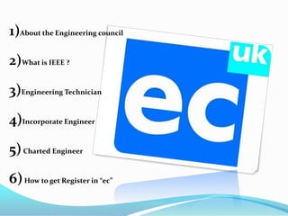 1)About the Engineering council

2)What is IEEE ?

3)Engineering Technician

4)Incorporate Engineer

5) Charted Engineer

6) How to get Register in “ec”
 