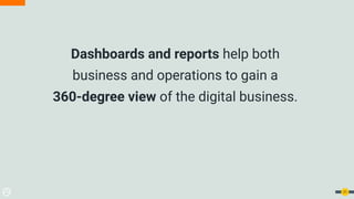 Dashboards and reports help both
business and operations to gain a
360-degree view of the digital business.
21
 