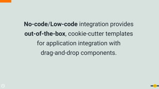 No-code/Low-code integration provides
out-of-the-box, cookie-cutter templates
for application integration with
drag-and-drop components.
27
 