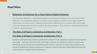 Read More
● Reference Architecture for a Cloud Native Digital Enterprise
This document describes a vendor/technology-neutral reference architecture for a cloud native digital
enterprise. The architecture defined in this paper can be mapped into different cloud-native platforms
(Kubernetes and service mesh), different cloud providers (Microsoft Azure, Amazon AWS, and Google
GCP), and infrastructure services to perform the implementation. These reference implementations will be
covered in separate papers.
● The Role of EiPaaS in Enterprise Architecture: Part 1
The Role of EiPaaS in Enterprise Architecture: Part 2
Enterprise architecture has evolved in parallel with changes in how organizations operate and advances in
technology — serving as the heart of the technology landscape, the connection between business and
technology, and the driving force in generating value streams. However, to achieve those objectives, an
enterprise architecture requires a future-proof integration platform and that’s where EiPaaS becomes the
neural system of a digitally-driven organization.
39
 