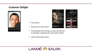 Customer Delight
• Free service
• Discounts on next service
• Personalized mail wishing u on your anniversary
or birthdays and giving you some special offers
• Latest Lakme App Launch
 