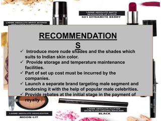 RECOMMENDATION
S
 Introduce more nude shades and the shades which
suits to Indian skin color.
 Provide storage and temperature maintenance
facilities.
 Part of set up cost must be incurred by the
companies.
 Launch a separate brand targeting male segment and
endorsing it with the help of popular male celebrities.
 Provide rebates at the initial stage in the payment of
royalty .
 