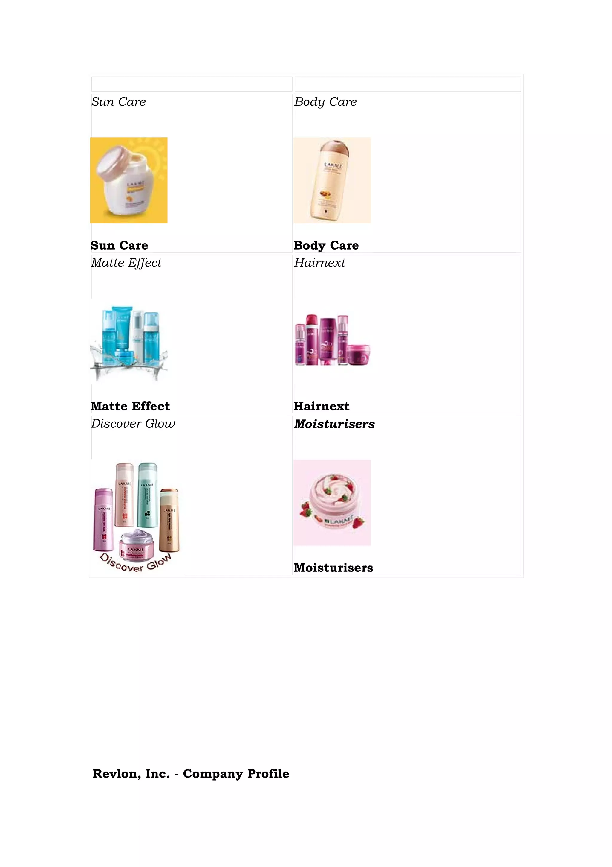 Sun Care                         Body Care




Sun Care                         Body Care
Matte Effect                     Hairnext




Matte Effect                     Hairnext
Discover Glow                    Moisturisers




                                 Moisturisers




Revlon, Inc. - Company Profile
 