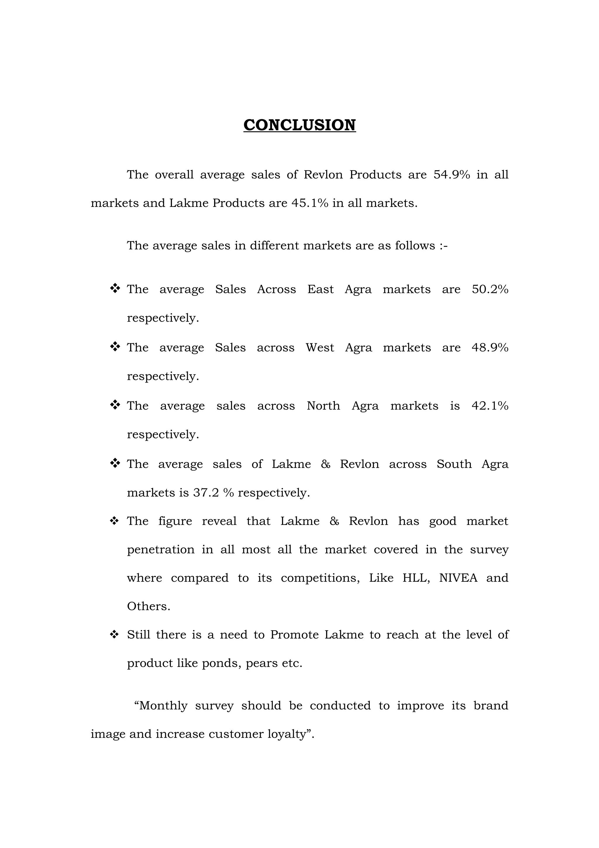 CONCLUSION

     The overall average sales of Revlon Products are 54.9% in all

markets and Lakme Products are 45.1% in all markets.


     The average sales in different markets are as follows :-


   The average Sales Across East Agra markets are 50.2%

     respectively.

   The average Sales across West Agra markets are 48.9%

     respectively.

   The average sales across North Agra markets is 42.1%

     respectively.

   The average sales of Lakme & Revlon across South Agra

     markets is 37.2 % respectively.

   The figure reveal that Lakme & Revlon has good market

     penetration in all most all the market covered in the survey

     where compared to its competitions, Like HLL, NIVEA and

     Others.

   Still there is a need to Promote Lakme to reach at the level of

     product like ponds, pears etc.


       “Monthly survey should be conducted to improve its brand

image and increase customer loyalty”.
 