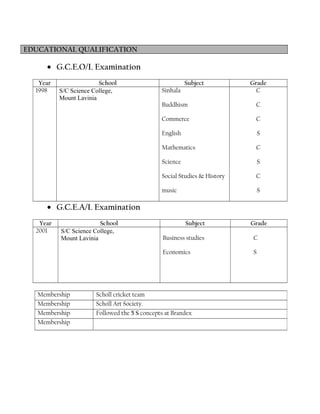 EDUCATIONAL QUALIFICATION
• G.C.E.O/L Examination
Year School Subject Grade
1998 S/C Science College,
Mount Lavinia
Sinhala
Buddhism
Commerce
English
Mathematics
Science
Social Studies & History
music
C
C
C
S
C
S
C
S
• G.C.E.A/L Examination
Year School Subject Grade
2001 S/C Science College,
Mount Lavinia Business studies
Economics
C
S
Membership Scholl cricket team
Membership Scholl Art Society.
Membership Followed the 5 S concepts at Brandex
Membership
 