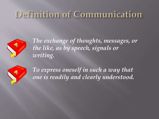 The exchange of thoughts, messages, or
the like, as by speech, signals or
writing.
To express oneself in such a way that
one is readily and clearly understood.
 