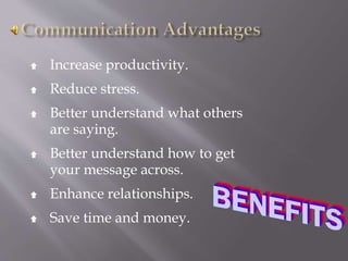  Increase productivity.
 Reduce stress.
 Better understand what others
are saying.
 Better understand how to get
your message across.
 Enhance relationships.
 Save time and money.
 