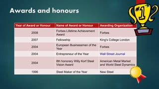 Awards and honours
Year of Award or Honour Name of Award or Honour Awarding Organization
2008
Forbes Lifetime Achievement
Award
Forbes
2007 Fellowship King's College London
2004
European Businessman of the
Year
Forbes
2004 Entrepreneur of the Year Wall Street Journal
2004
8th honorary Willy Korf Steel
Vision Award
American Metal Market
and World Steel Dynamics
1996 Steel Maker of the Year New Steel
 