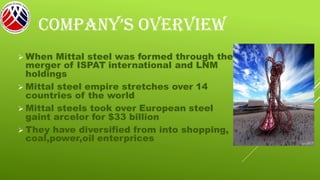 COMPANY’S OVERVIEW
➢ When Mittal steel was formed through the
merger of ISPAT international and LNM
holdings
➢ Mittal steel empire stretches over 14
countries of the world
➢ Mittal steels took over European steel
gaint arcelor for $33 billion
➢ They have diversified from into shopping,
coal,power,oil enterprices
 