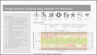 Design proposal (Original slide, retained for reference)
Design features:
● Design is within the limitations for trial.
● Humanizing street by no vehicle zone.
● Safe, secure and clean wide-open street
dedicated for pedestrians to have
delightful shopping experience while
walking.
● Seamless and stress-free shop to shop
walking movement as mall like
experience.
● Free-up existing footpaths by
accommodating existing street vendors
on roadside open space.
● Covid19 safe as ample space to maintain
social distance.
● Public space for live activities like kids'
zones, street art, live music, street play,
seating spaces, selfie points.
● Colorful street paint work.
● Improved environment with planters.
● Improved air quality.
● Healthy street.
15.0m
9.50m
2.75m
2.75m
3.5m
2.75m
2.75m
3m
3m
Existing
Street
section
Design
Street
section
Proposed street design concept layout
Pedestrian’
Priority
Healthy street
Ease of doing
Business
Comfortable
and Accessible
Safe and Secure Publicness Equity Improved
Air quality
Design benefits
 